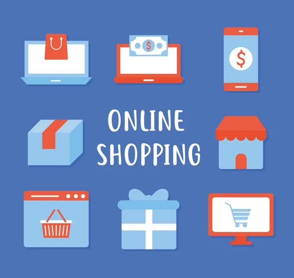Lettering dello shopping online e set di icone dello shopping online — Vettoriale Stock