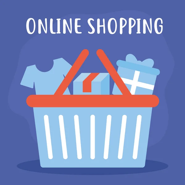 Online shopping bokstäver med bunt av online shopping ikoner på en blå bakgrund — Stock vektor