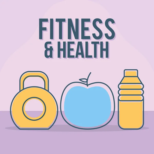 Fitness e saúde lettering com conjunto de ícones de fitness e saúde em um fundo roxo — Vetor de Stock