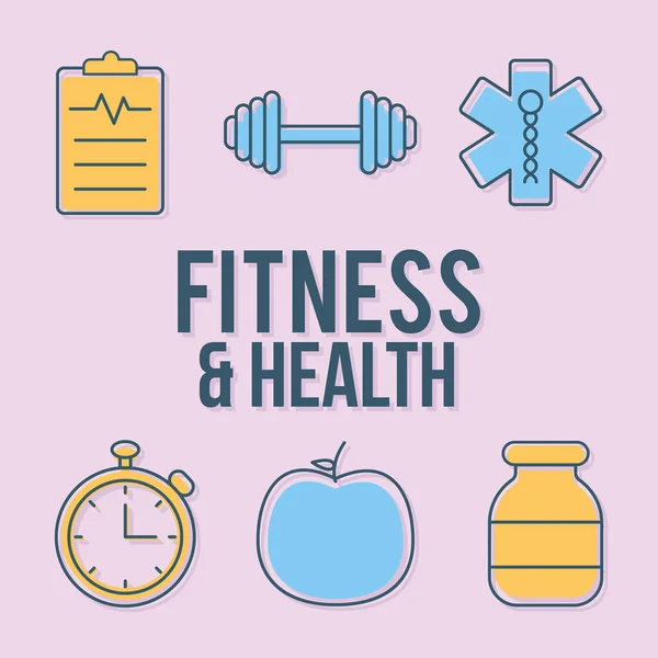 Lettrage fitness et santé avec ensemble d'icônes fitness et santé — Image vectorielle