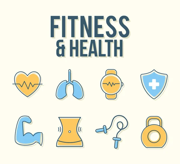 Fitness und Gesundheit Schriftzug mit einer Reihe von Fitness- und Gesundheitssymbolen auf weißem Hintergrund — Stockvektor