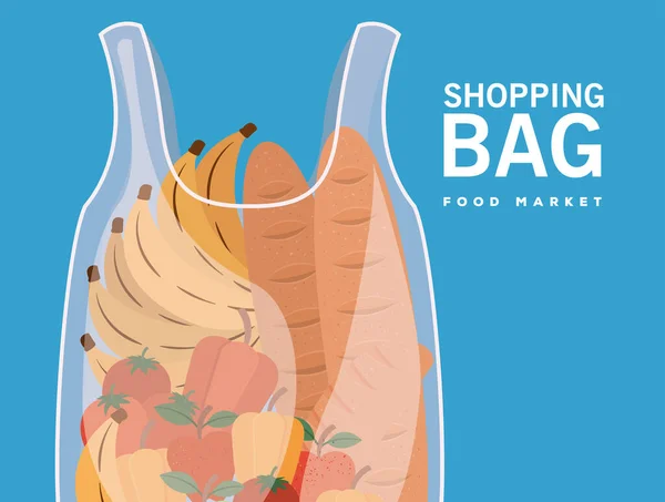 Bevásárló táska élelmiszer-piaci felirat és műanyag zacskó tele piaci termékek — Stock Vector