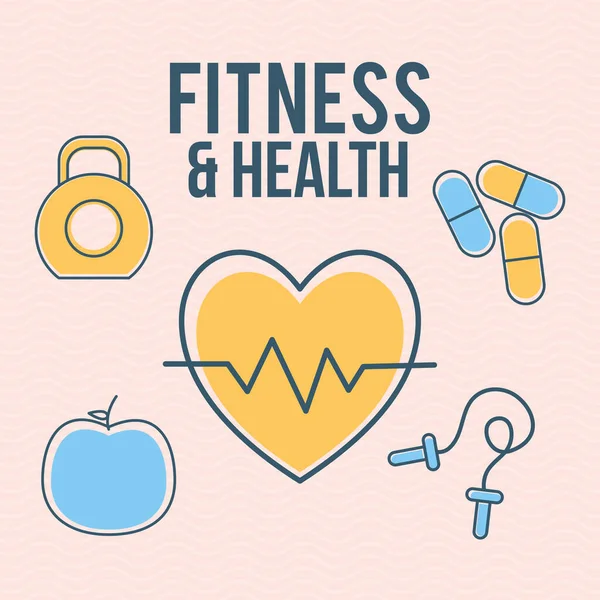 Lettrage fitness et santé avec ensemble d'icônes fitness et santé sur fond orange — Image vectorielle