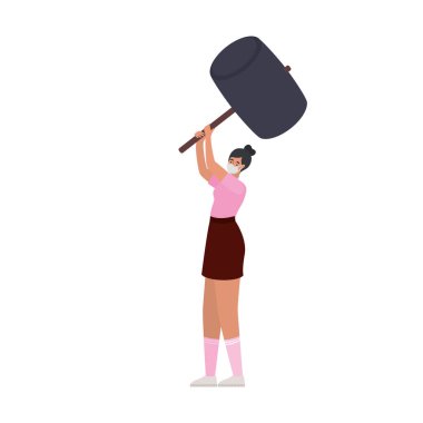 Bir güvenlik maskesi ve büyük bir çekici olan bir kadın.