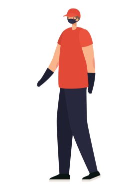 Güvenlik maskesi ve kırmızı gömlekli teslimatçı.