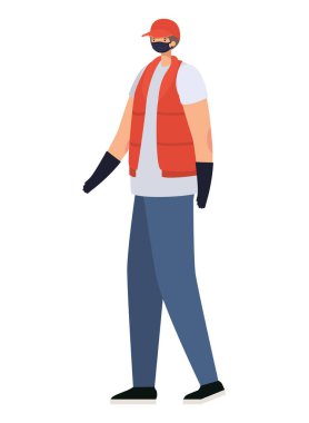 Güvenlik maskesi ve bir yeleği olan teslimatçı.