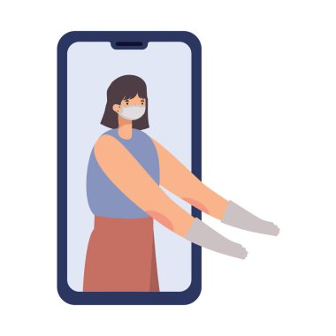 Telefondaki güvenlik maskesi ve mor gömlekli kadın.