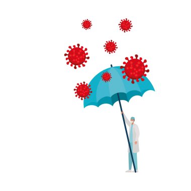 Bir güvenlik maskesi, kırmızı parçacıkları ve bir şemsiyesi olan erkek doktor.