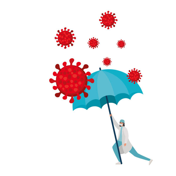 женщина-врач с одной защитной маской, красными частицами и одним зонтиком