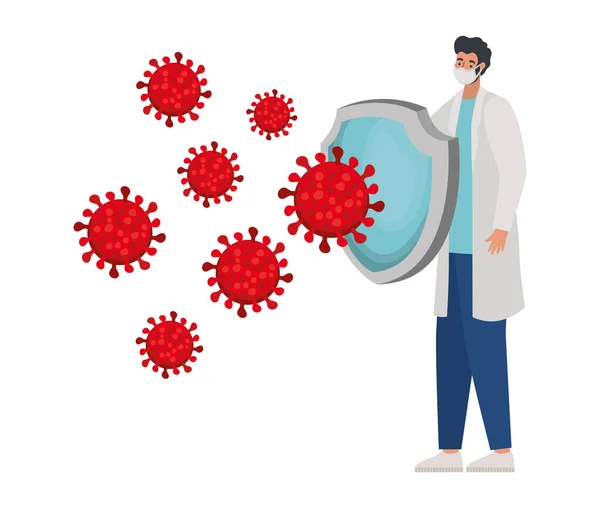 Mężczyzna lekarz z jedną maską ochronną, czerwonymi cząstkami i jedną tarczą — Wektor stockowy