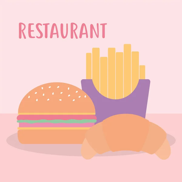 Restaurant lettering with a burger, french fries and croissant — Stock Vector