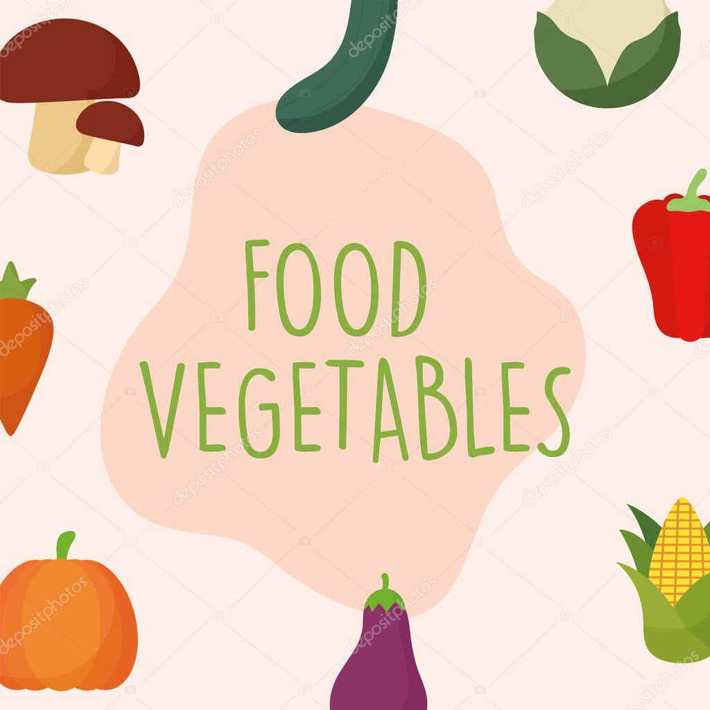 food vegetables lettering with a set of vegetables icons on a pink background