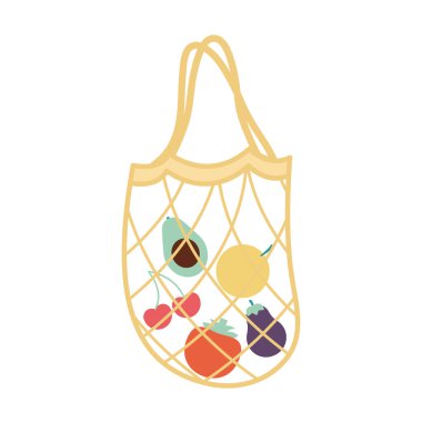 İçinde meyveler olan ağ torbası ve sarı renk.