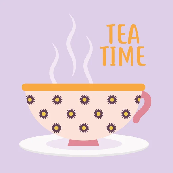 Tea time lettering with pink cup of coffee and flowers — Stock Vector