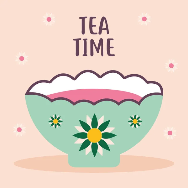 Tea time lettering with green cup of coffee and flowers — Stock Vector