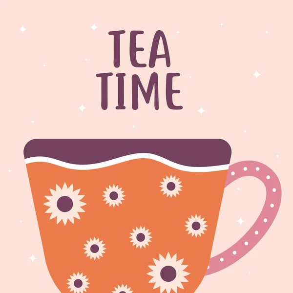 Tea time lettering with orange cup of coffee and flowers — Stock Vector