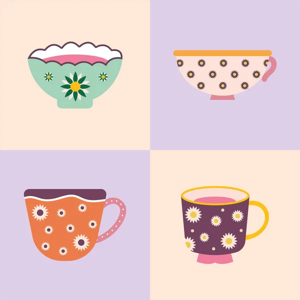 Ensemble de quatre tasses à thé et café — Image vectorielle