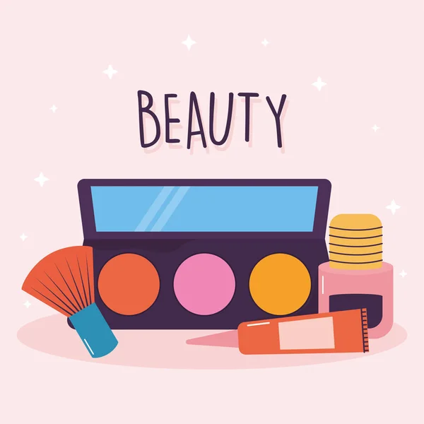Beauty lettering and eye shadow, cream and makeup brushes — Stock Vector
