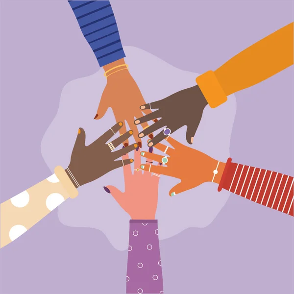 Diversità di mani unite al centro su uno sfondo viola — Vettoriale Stock