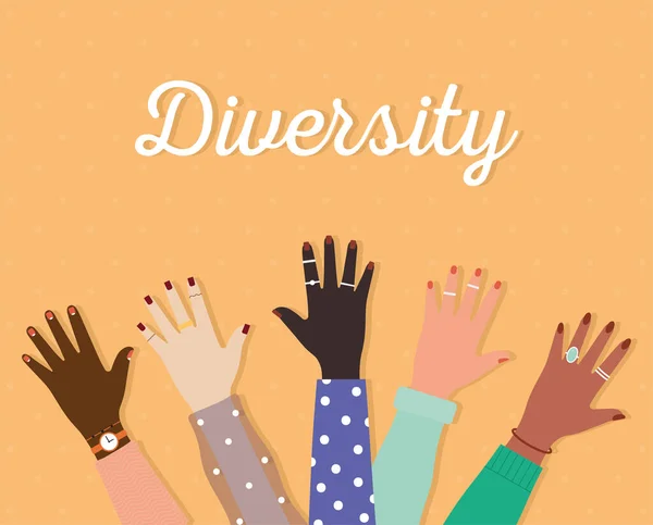 Diversity lettering and set of arms with one hand and colored nails on a orange background — Stock Vector