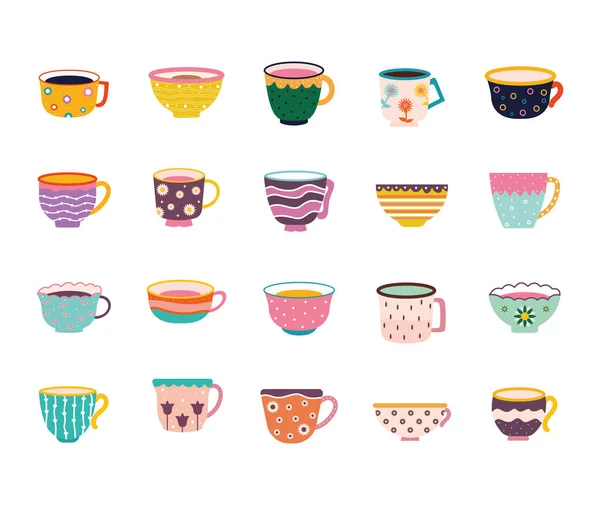 Ensemble de tasses à thé et café sur fond blanc — Image vectorielle