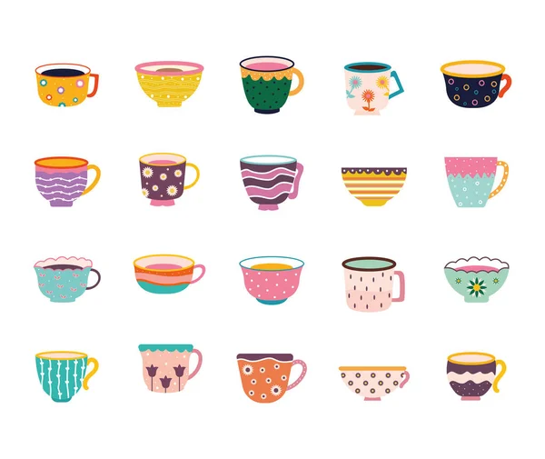 Conjunto de tazas de té y café sobre un fondo blanco — Vector de stock