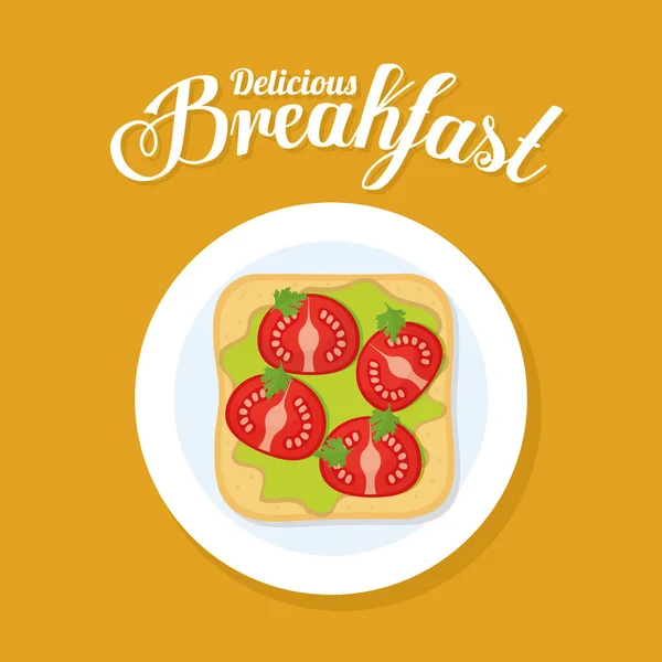 Delicius letras café da manhã e pão com guacamole e tomate no topo — Vetor de Stock