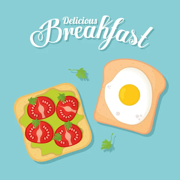 Desayuno, panes con deliciosa comida en la parte superior de la misma — Vector de stock