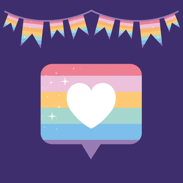 Mensaje burbuja con orgullo color lgbtq, un corazón en el medio de ella y una guirnalda sobre un fondo púrpura — Archivo Imágenes Vectoriales