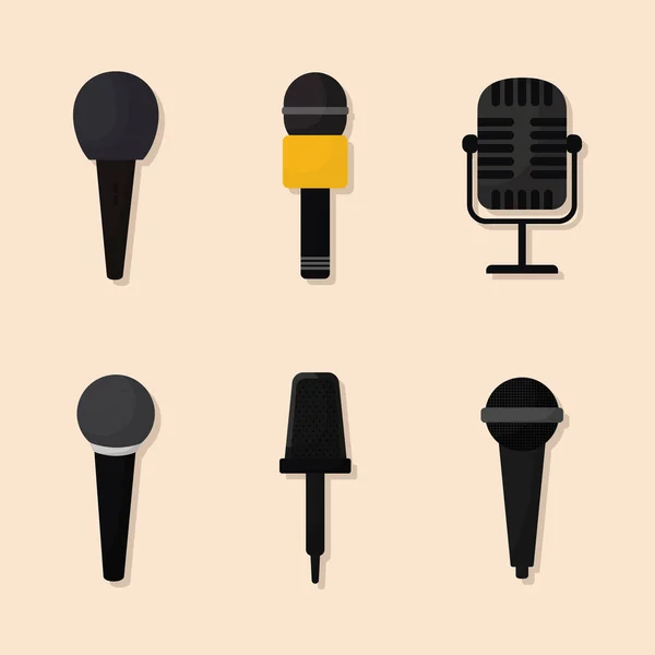 Paquete de micrófonos iconos sobre un fondo beige — Vector de stock