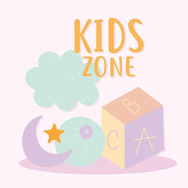 Kids zone belettering en bundel van schattige pictogrammen — Stockvector