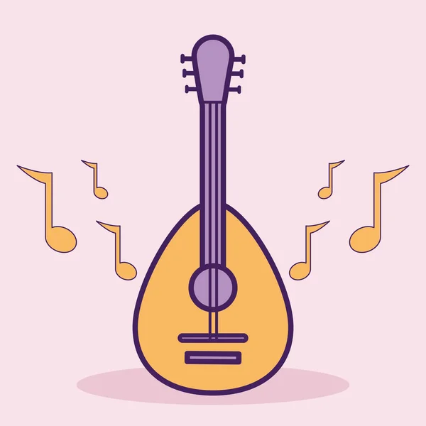 Notas de guitarra y música en un fondo rosa — Vector de stock