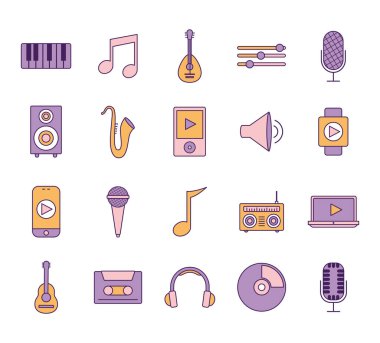 Beyaz arkaplanda müzik simgeleri demeti