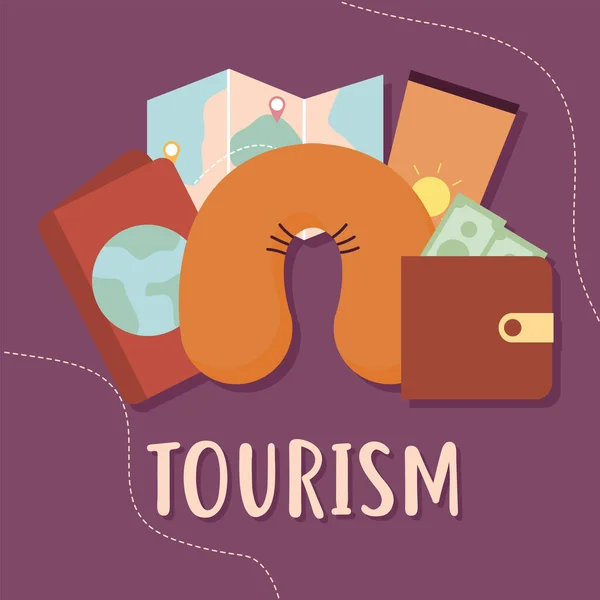 Tourismus-Schriftzug und Bündel von Reise-Ikonen auf lila Hintergrund — Stockvektor