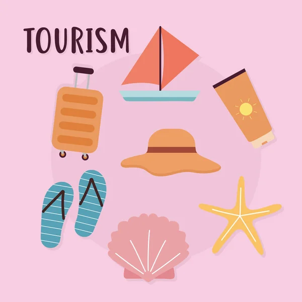 Liternictwo turystyczne i zestaw ikon podróży — Wektor stockowy