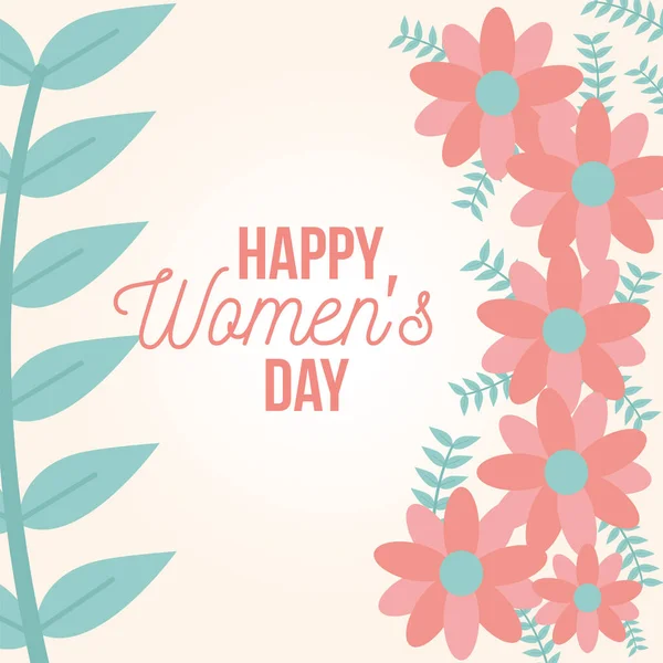 Happy womens day poster with flowers and plants — Stock Vector