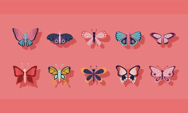Uppsättning fjärilar på en rosa bakgrund — Stock vektor