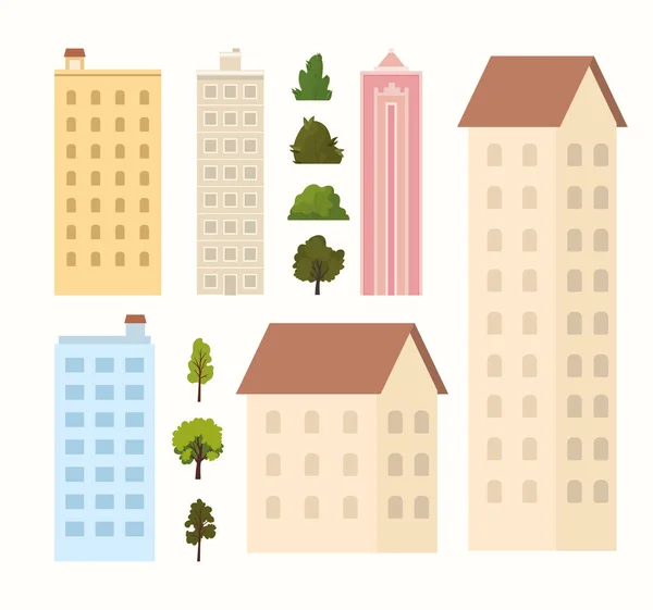 Buildings, trees and bushes on a white background — Stock Vector