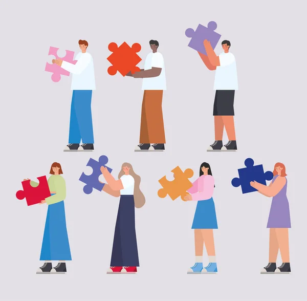 Groupe de personnes avec des pièces de puzzle — Image vectorielle