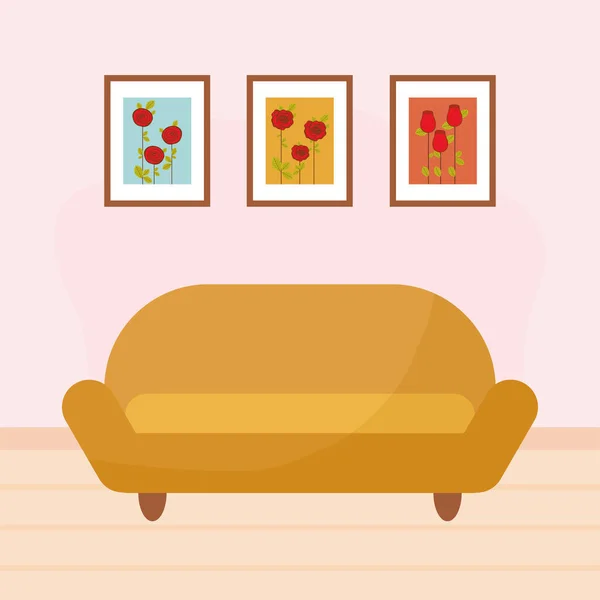 Living room with a piece of furniture and three paintings behind it — Stock Vector