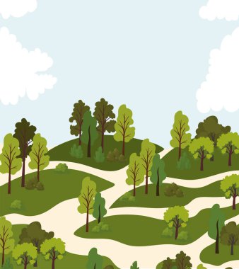 Bir sürü ağacı ve mavi gökyüzü olan bir park.