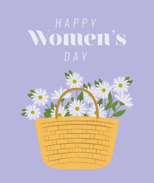 Felice giorno delle donne lettering e cestino da picnic con un fascio di fiori bianchi — Vettoriale Stock