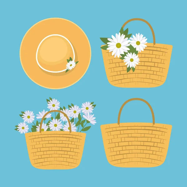 Set Picknickkörbe mit weißen Blumen und niedlichem Hut — Stockvektor
