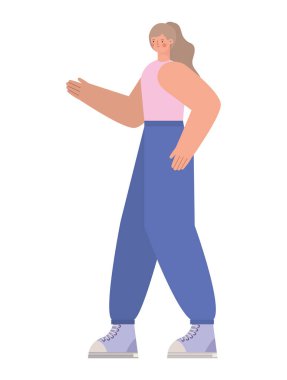 Sarı saçlı ve beyaz arka planda kot pantolon giyen bir kadın.