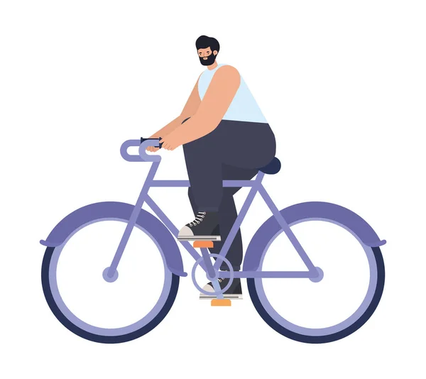 Hombre sobre una bicicleta púrpura — Vector de stock