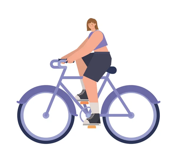 Женщина над фиолетовым велосипедом — стоковый вектор