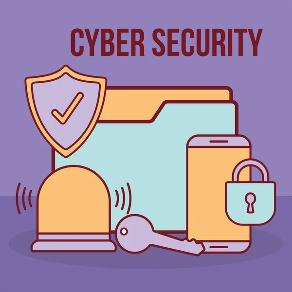 Siber güvenlik harfleri ve asma kilit ve siber güvenlik simgeleriyle dolu klasör — Stok Vektör