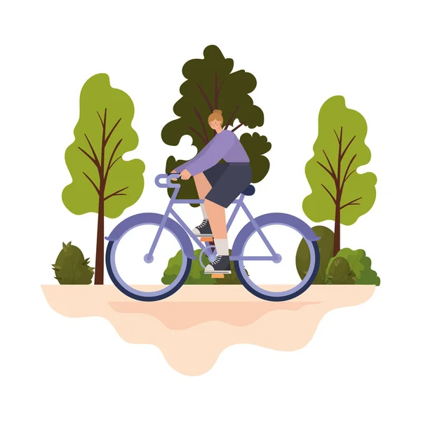 Femme sur un vélo violet sur un parc — Image vectorielle