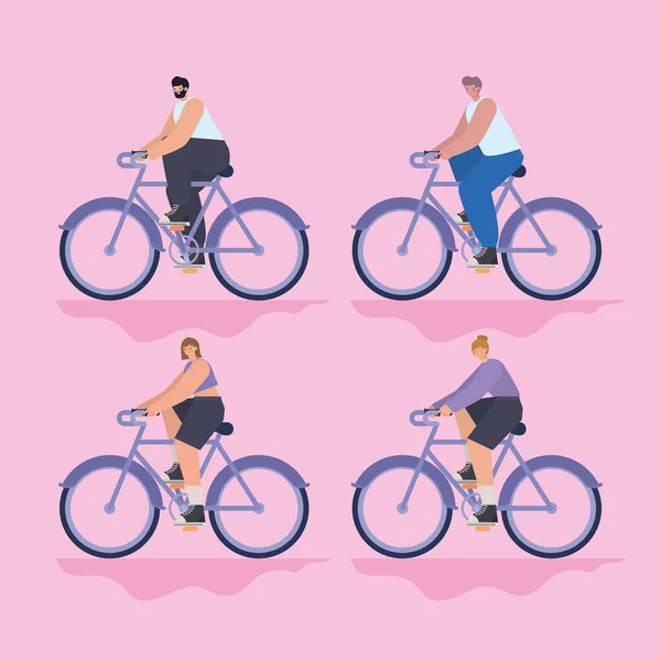 Grupo de personas montar en bicicleta sobre fondo rosa — Vector de stock