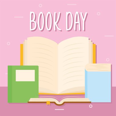 Pembe arka planda kitap günü harfleri ve kitap destesi simgeleri